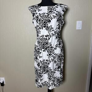 Modern Romantic Linen Blend Sheath Dress Tailored Floral Midi Black White